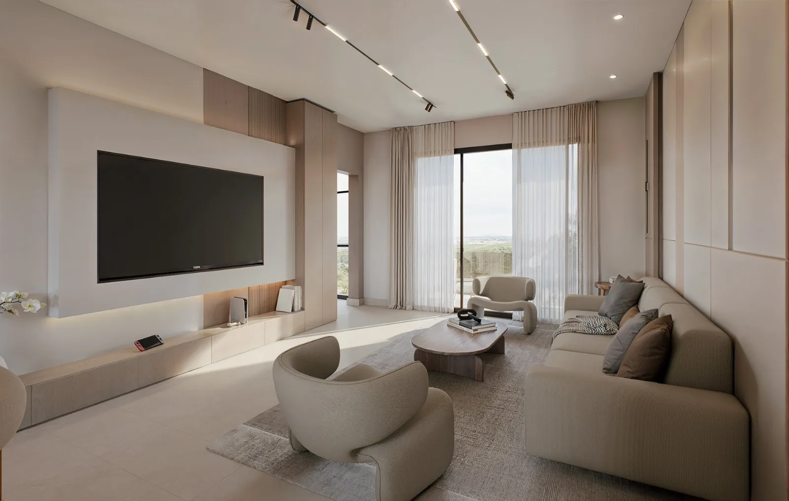 Sala con ventanales de piso a techo