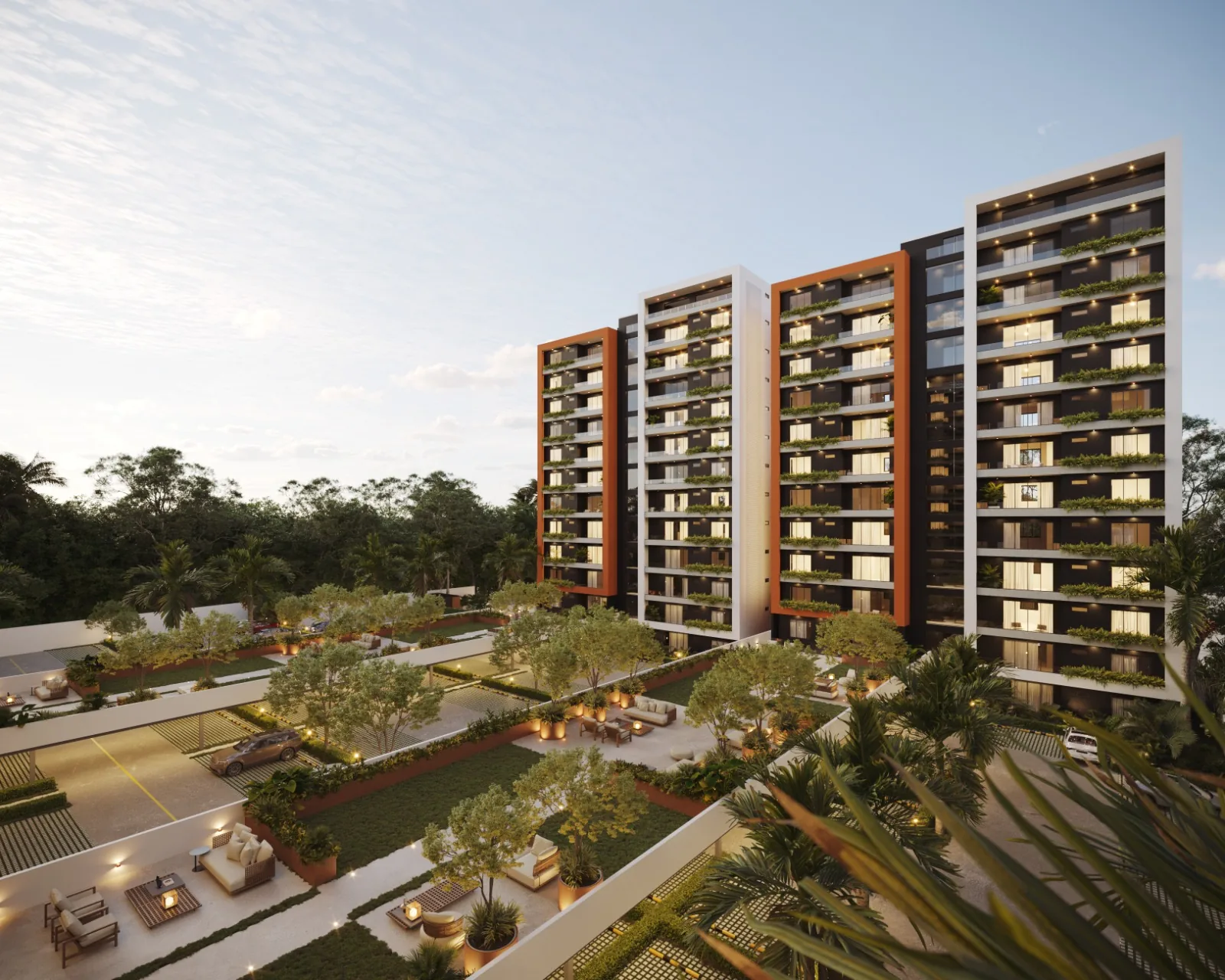 Vista aérea del residencial al atardecer