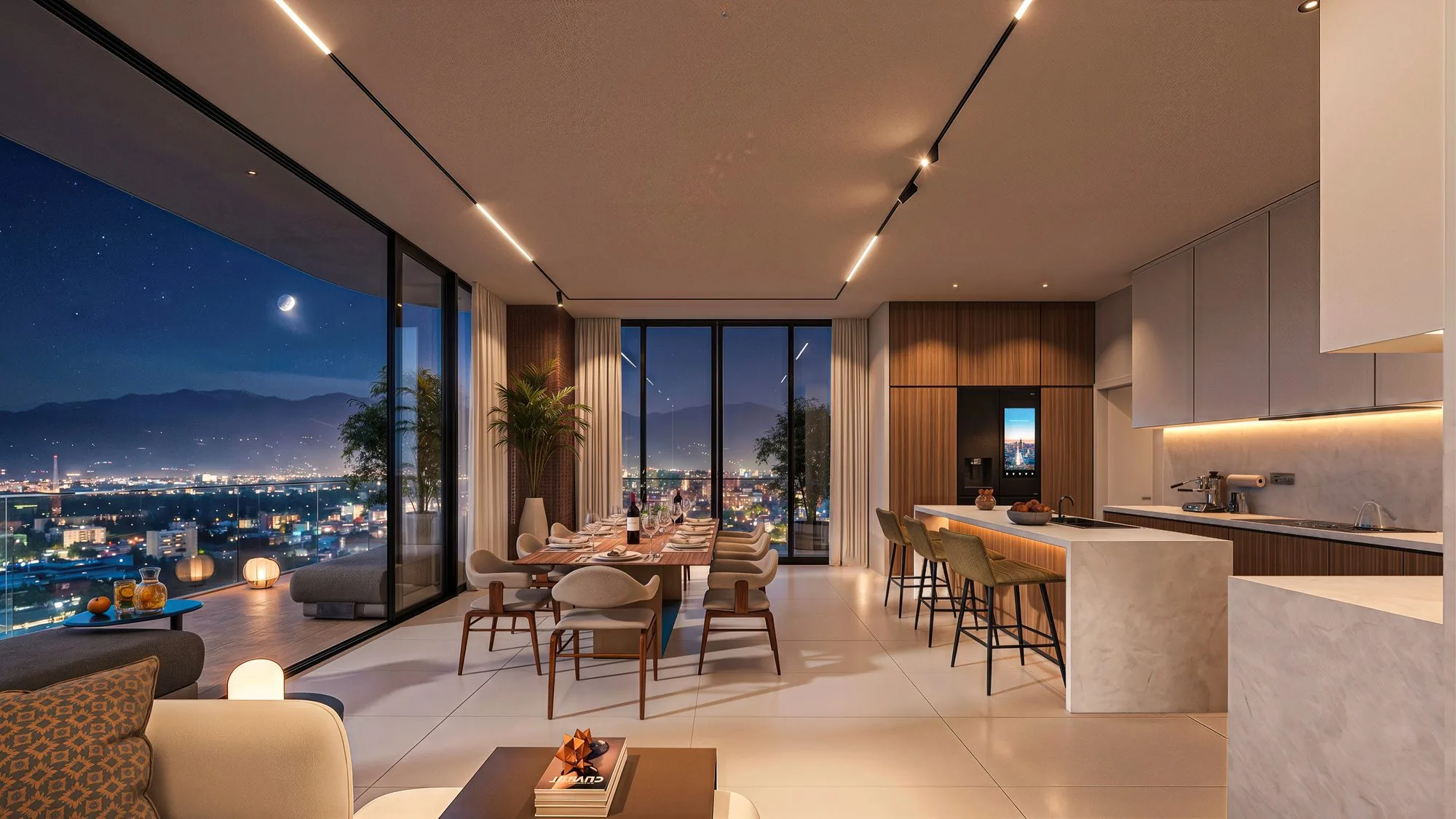 Sala y comedor con ventanales de piso a techo y vista nocturna de la ciudad