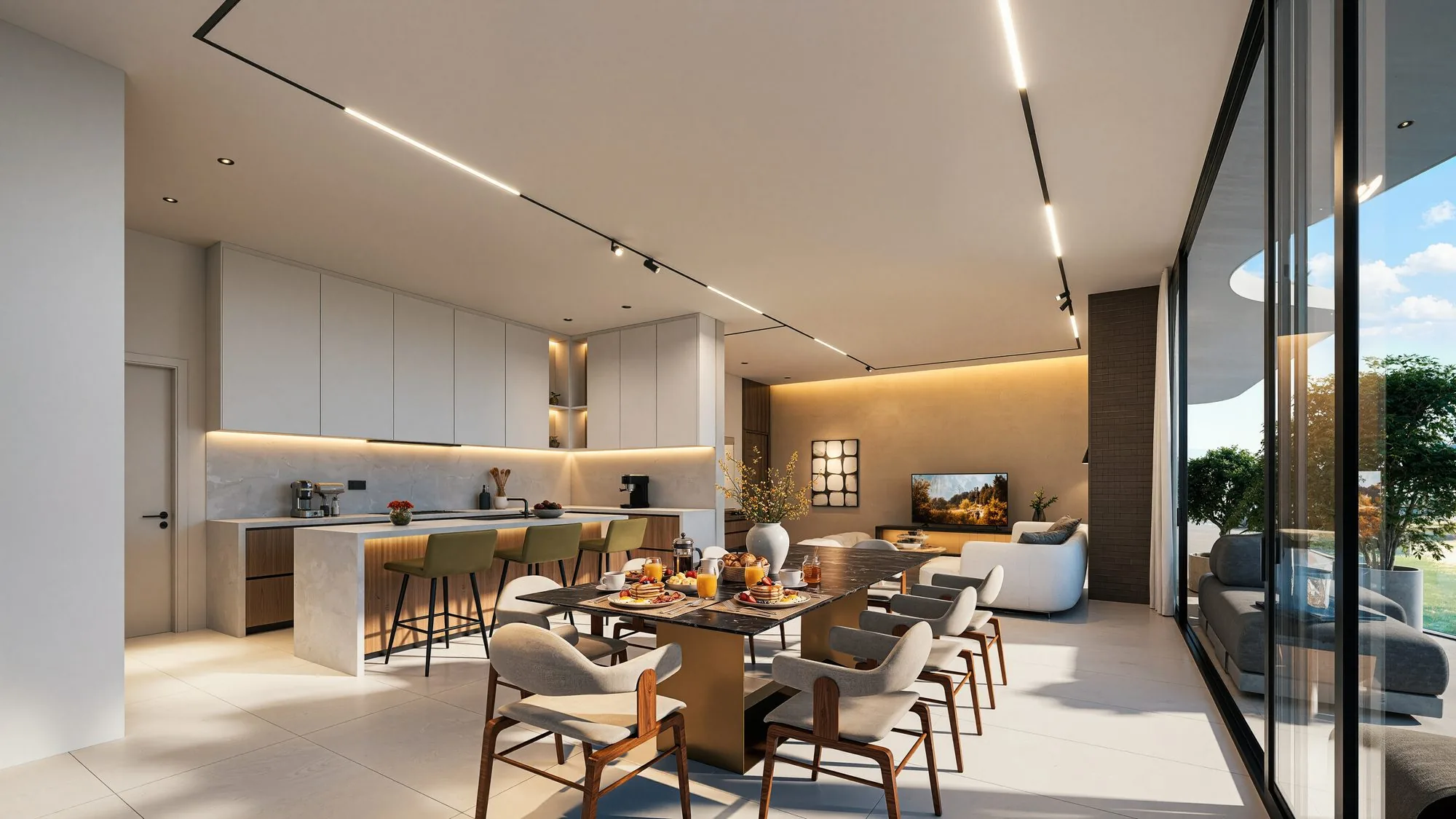 Cocina abierta con isla y comedor